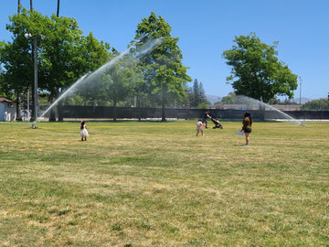 FireBozz wildfire sprinkler spraying water during live demo at 2025 Wildfire & Earthquake Expo