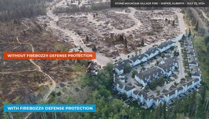 An image of Stone Mountain Village Fire, Jasper, Alberta showing neighbour survived with FireBozz Defense Water Canon.