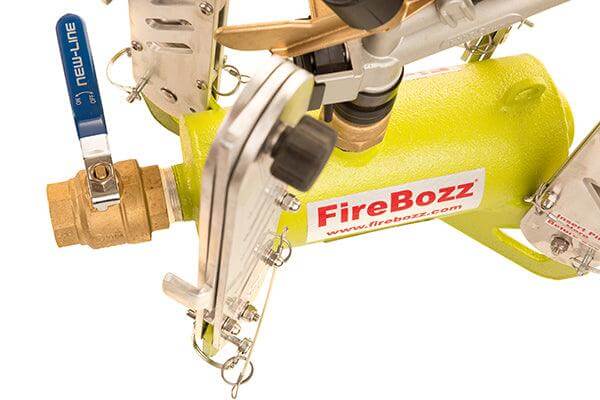 FireBozz® Mini wildfire sprinkler system close-up, showcasing its compact design and innovative features for wildfire defense.